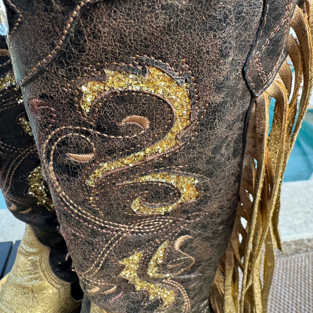 Custom Corral Elegant Gold and Brown, glittered, rhinestone Heeled Boots - Picture 3 of 13